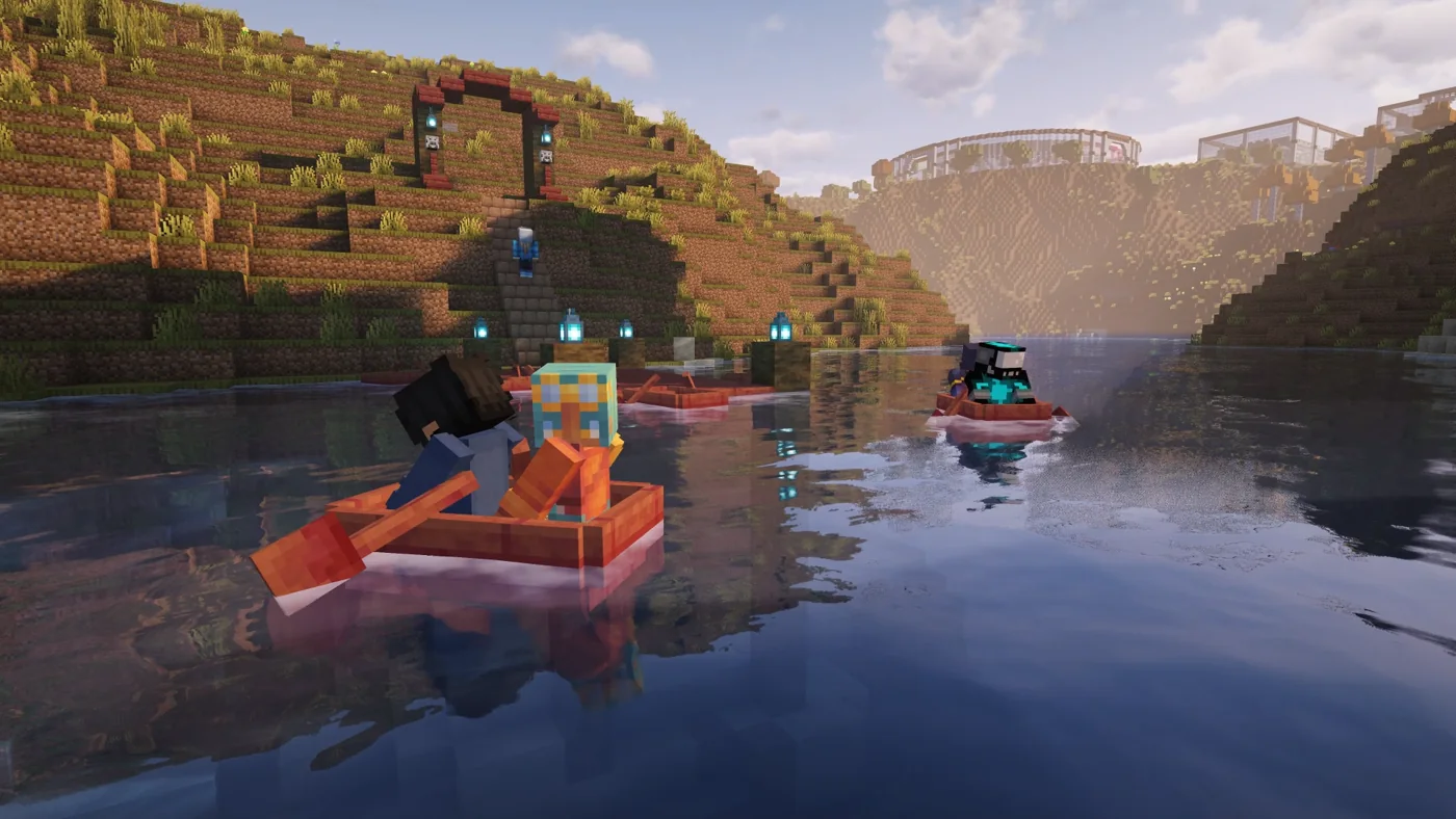 Players boating together on a river beside their shared Minecraft builds