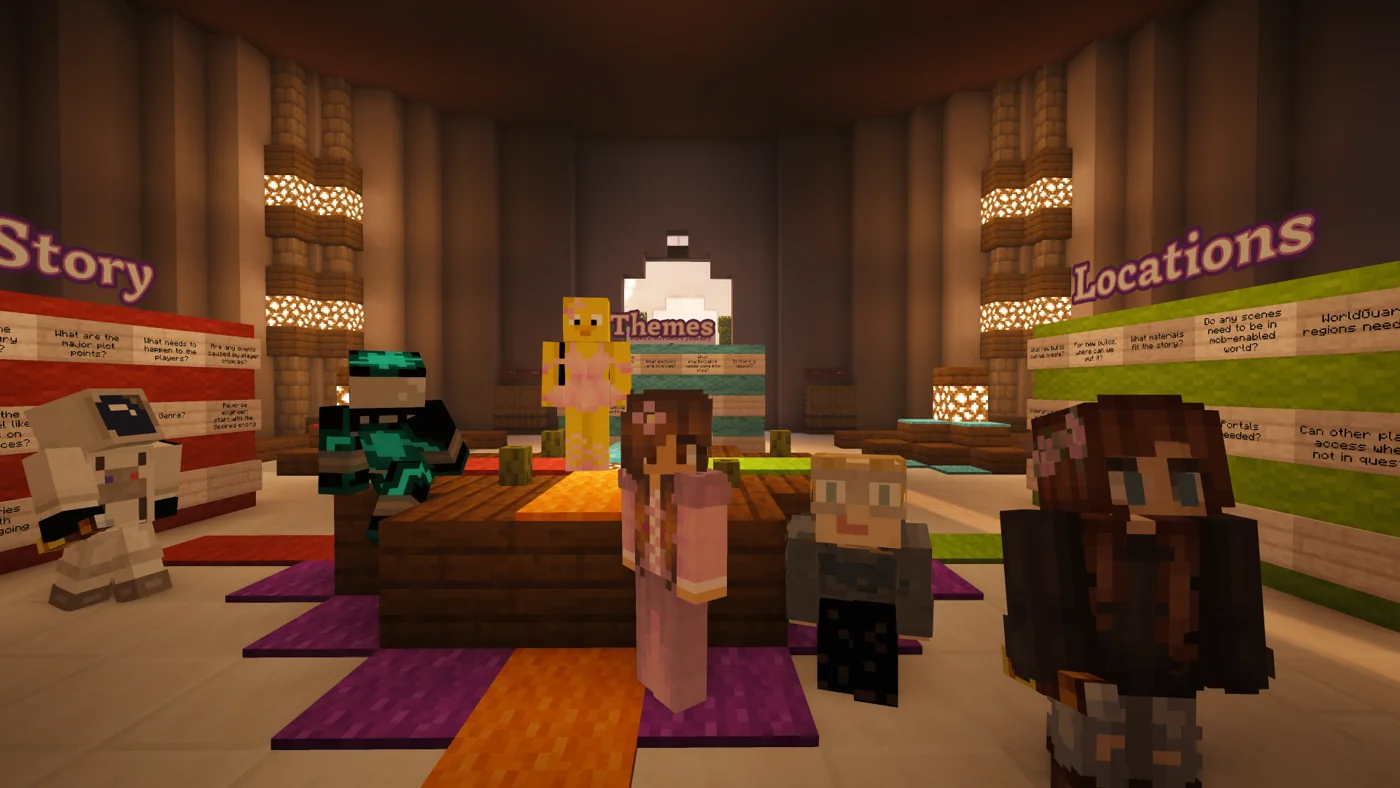 Second Haven's creative contributors collaborating inside a Minecraft gathering space