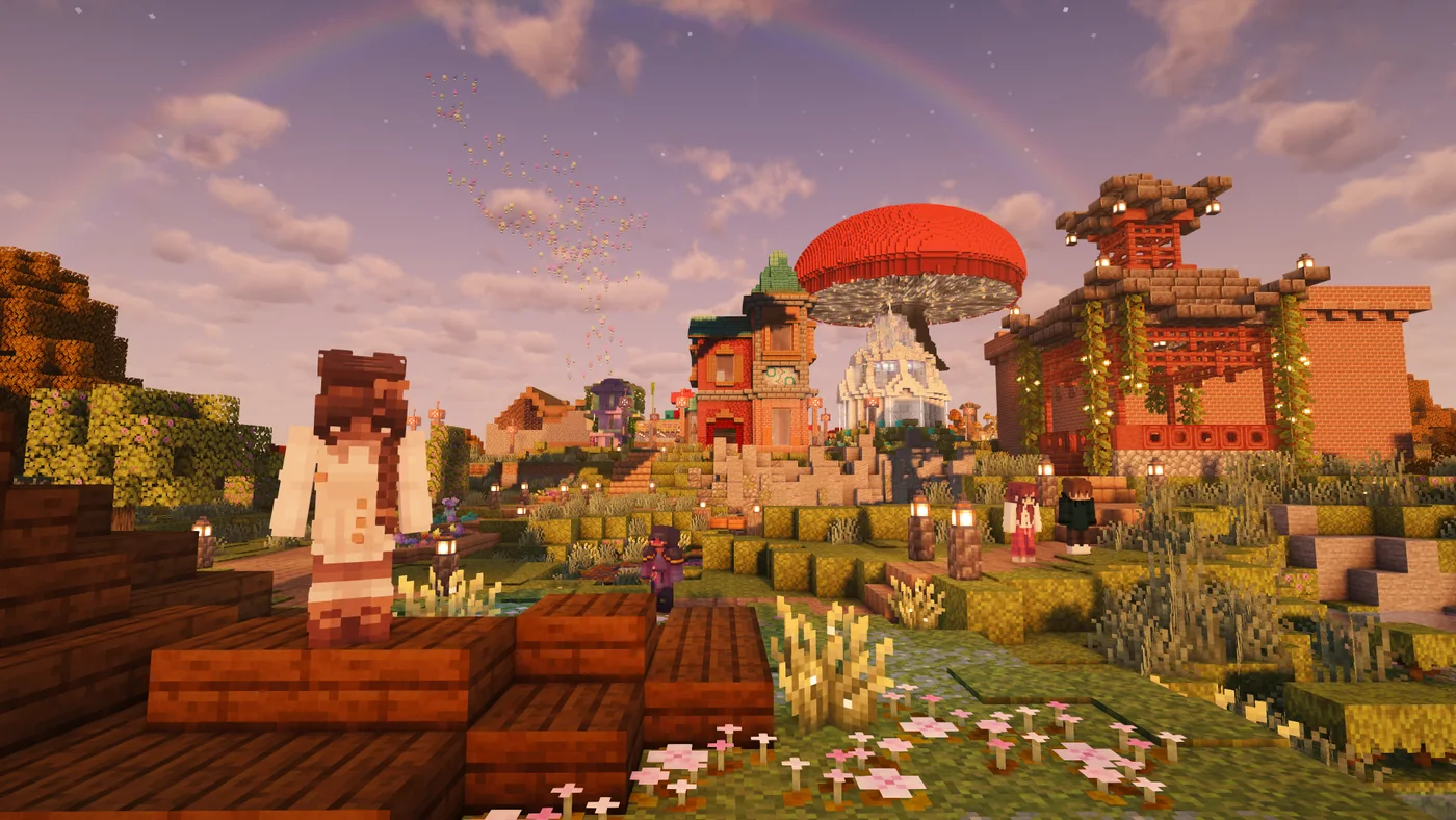 Second Haven players spending time together among flower-lined paths and community-built shops