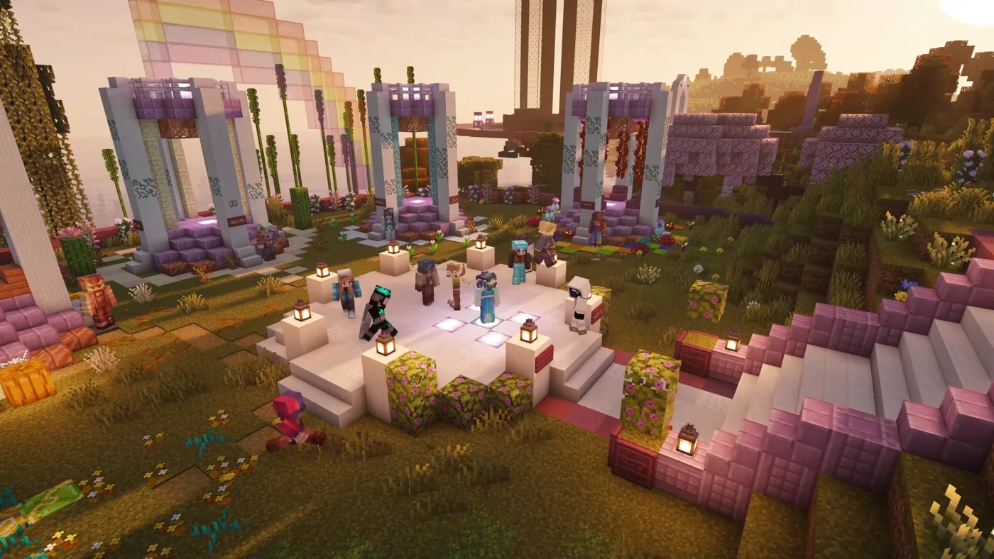A group of Second Haven players gathering on a garden terrace