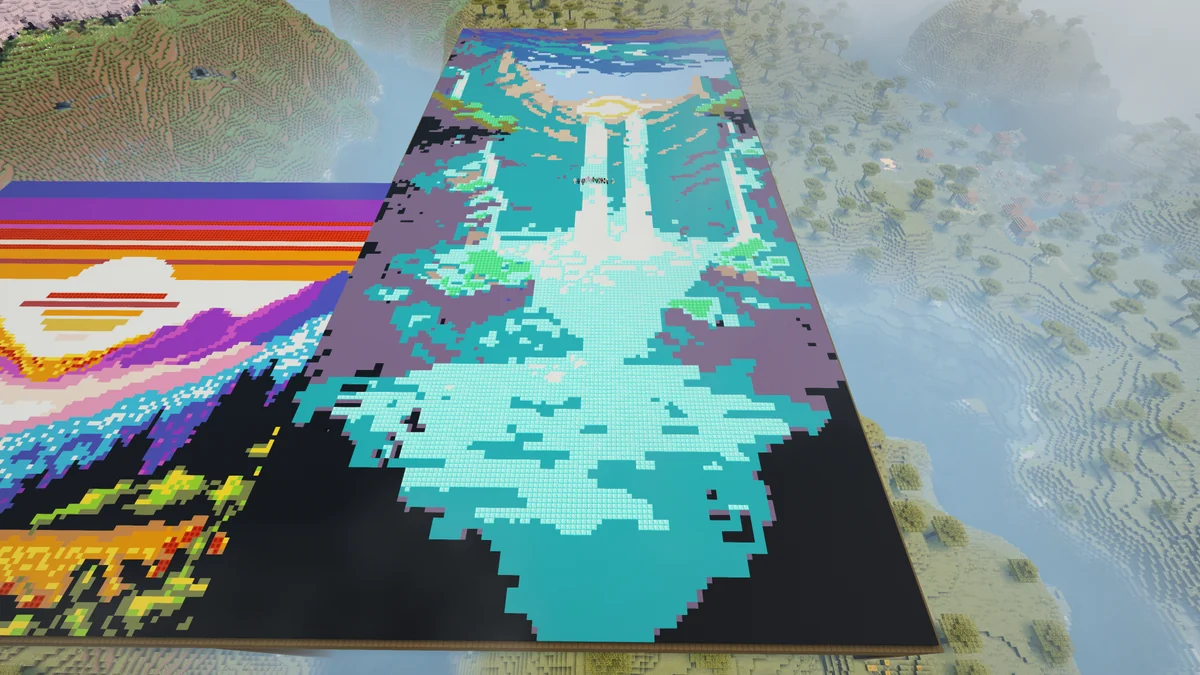 An aerial view of both finished artworks, with a turquoise sword design beside the colorful landscape