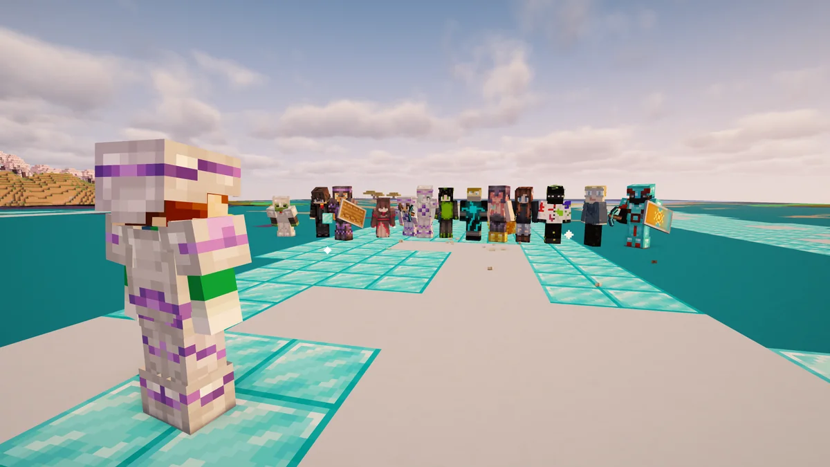 A player in purple armor in front of a group posing on the turquoise artwork