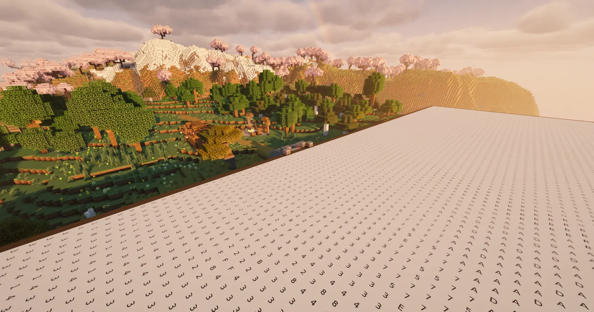 A giant blank numbered canvas beside the mountains and cherry trees in Minecraft