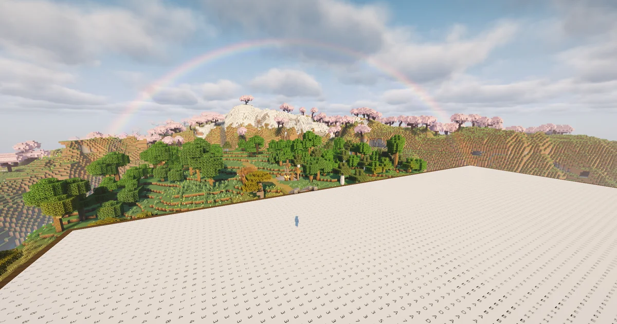 A wide view of the blank numbered canvas beneath a rainbow in the Minecraft sky