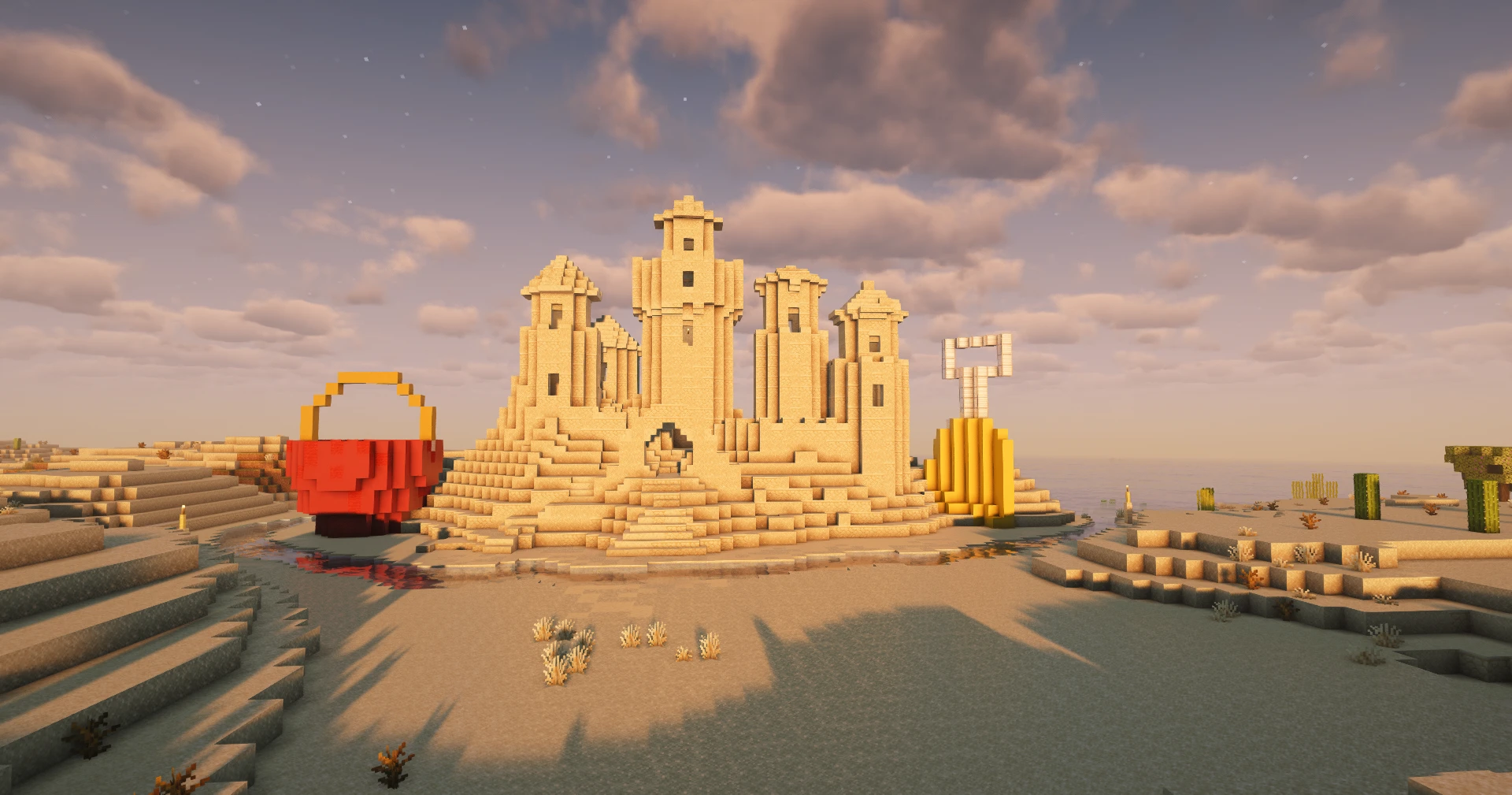 Lisa’s elaborate sandcastle with towers and arches in Second Haven’s sunlit desert