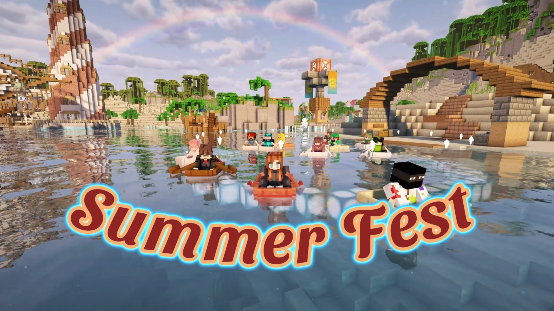 Players boating together beside the boardwalk and beach, with colorful Summer Fest lettering