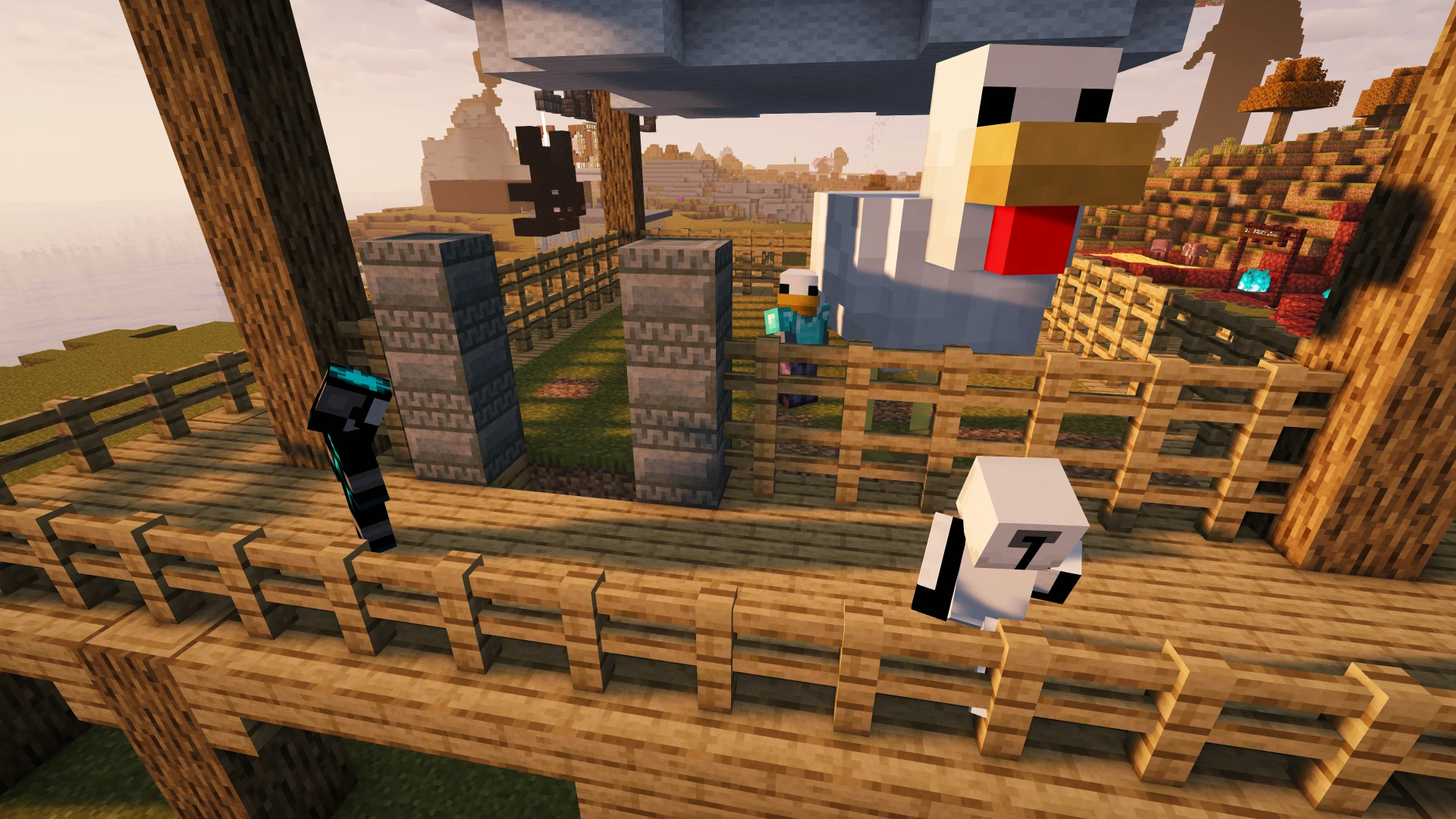 A giant chicken build above a fenced Minecraft zoo habitat, with a panda beside the enclosure