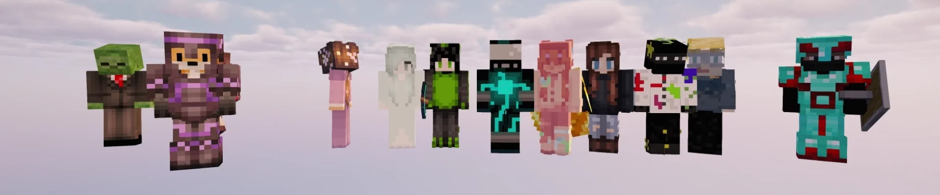 Second Haven players’ Minecraft characters standing together in a full community lineup