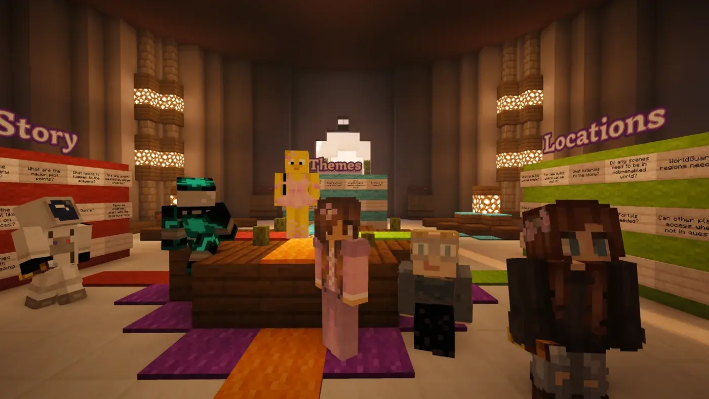 Six members of the quest-building team gathered together in their Minecraft planning room