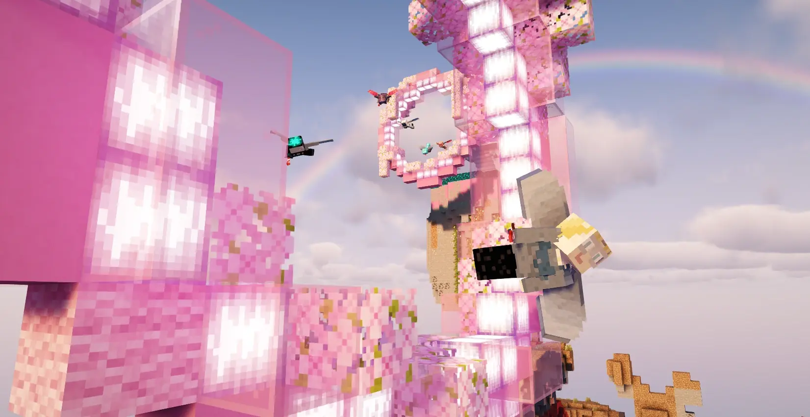 Minecraft players gliding through glowing pink cherry blossom rings on the Rainbow Elytra Course