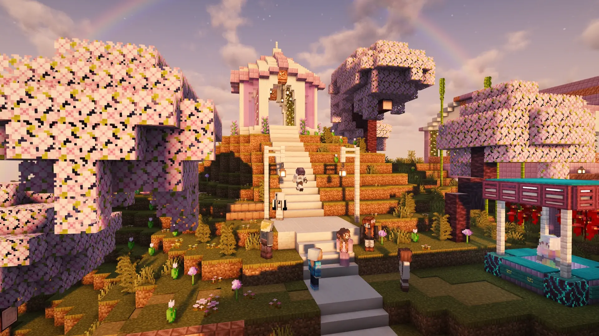 Second Haven players gathered on garden steps beneath pink flowering trees at spawn