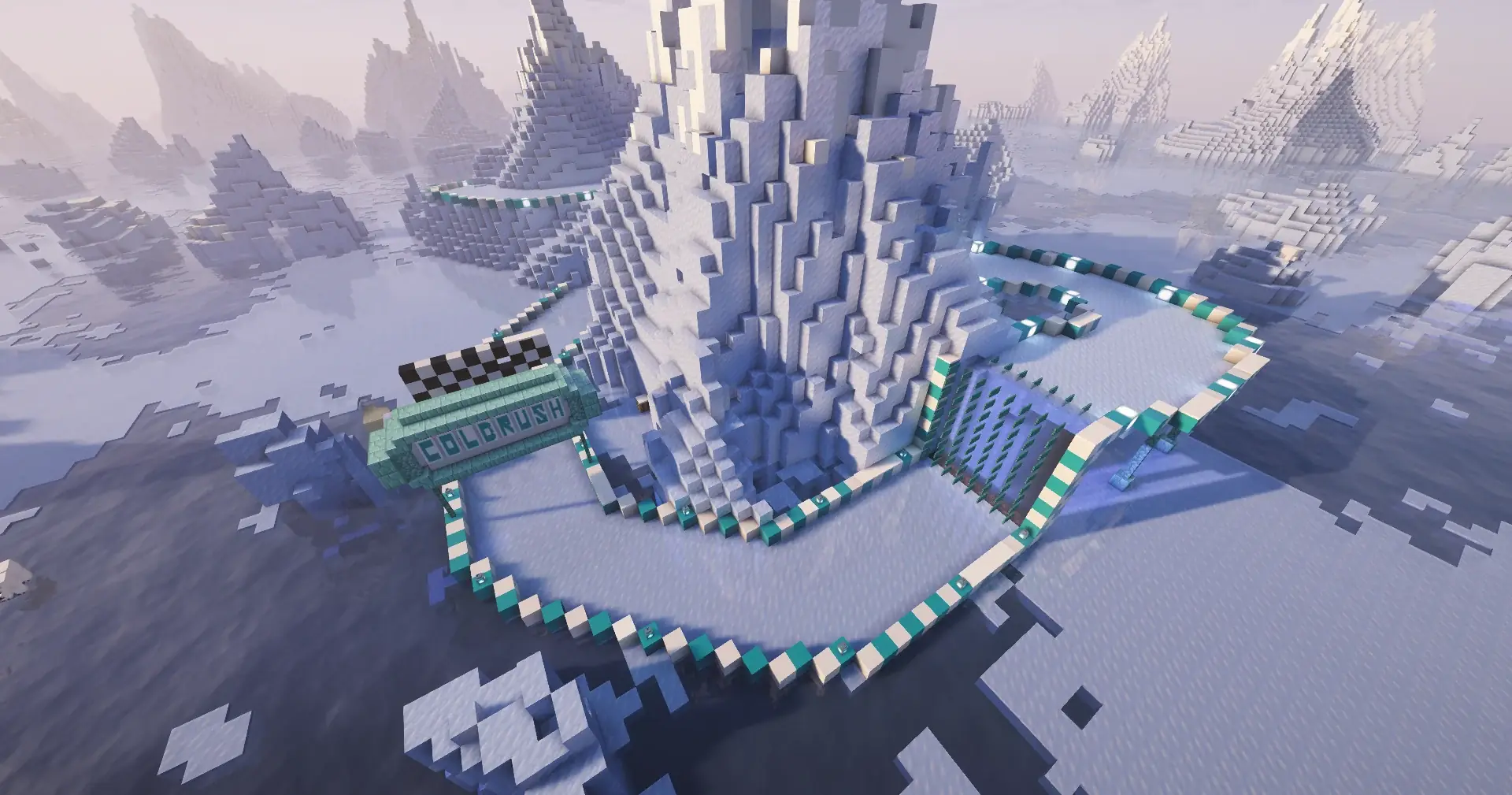 A winding illuminated ice course around a castle in Second Haven's snowy Winter Festival landscape