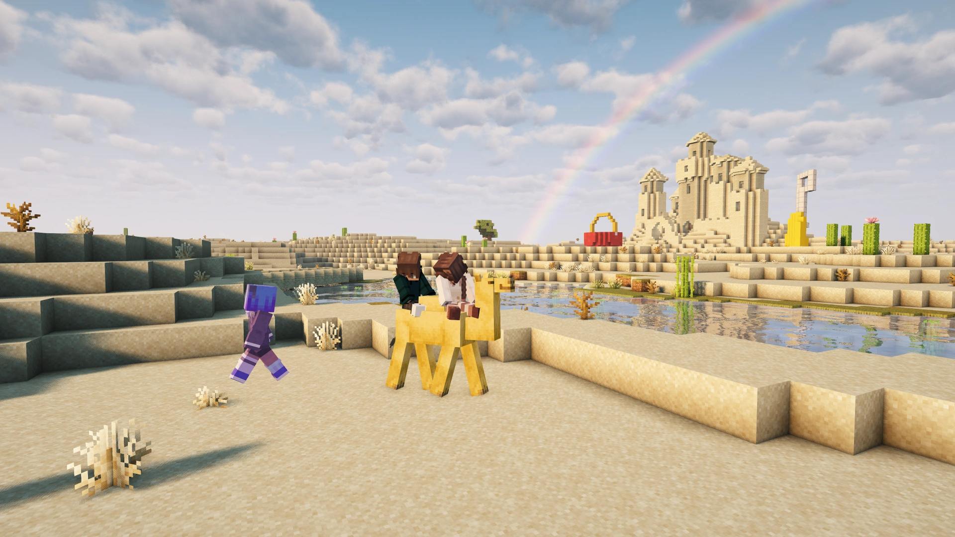 Second Haven players gathering in the desert near a giant sand castle.