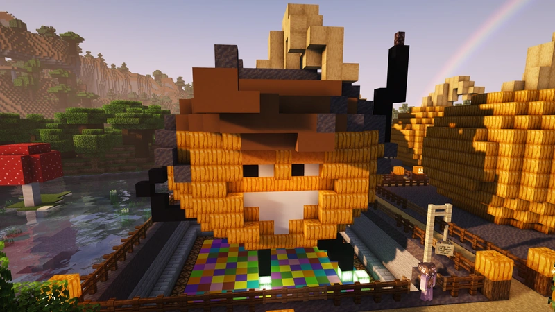 The giant disco pumpkin wears a top hat above its colorful dance floor.