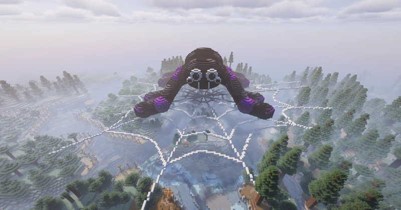 A giant player-built spider towers over a web-covered landscape.