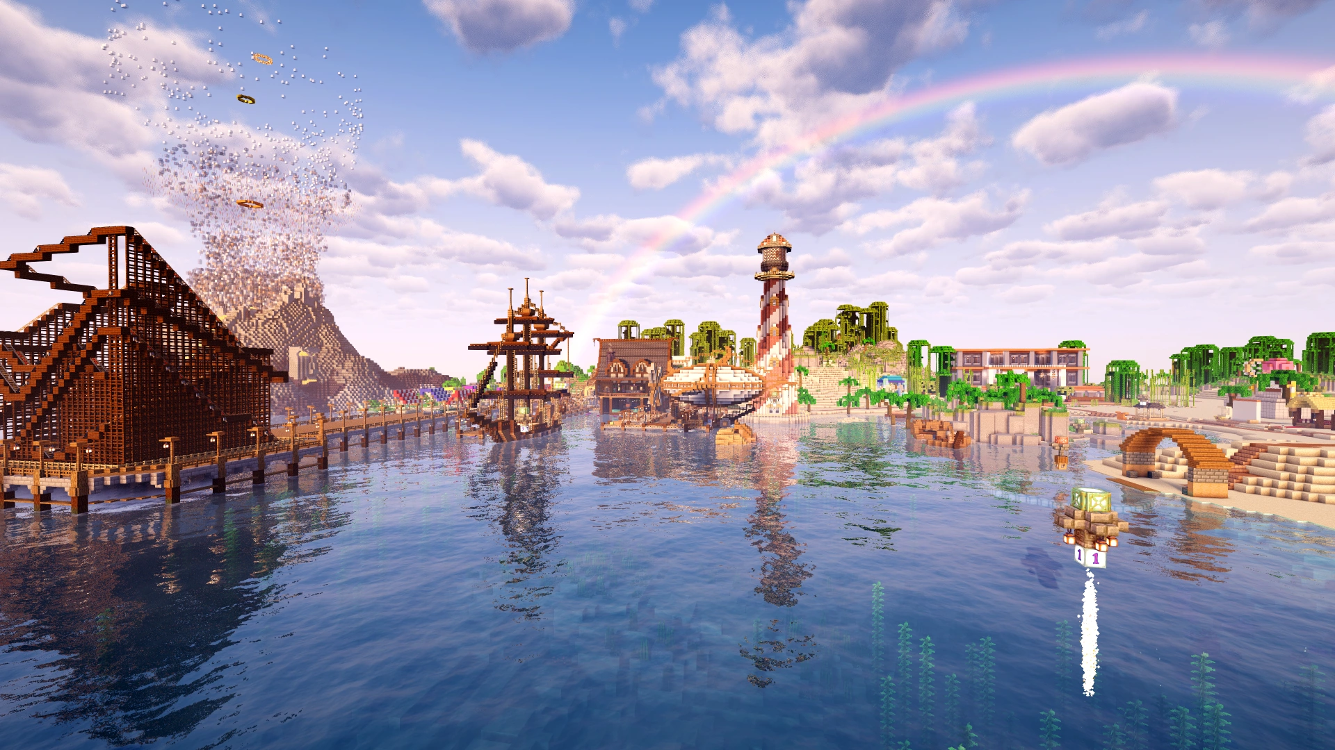 The Summer Festival waterfront with a wooden roller coaster, sailing ship, lighthouse and tropical gardens beneath a rainbow
