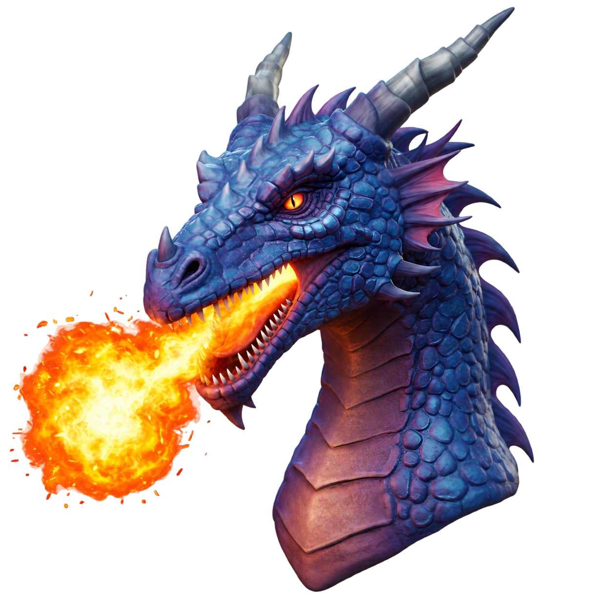 A blue and violet dragon with sweeping horns breathing a bright burst of fire