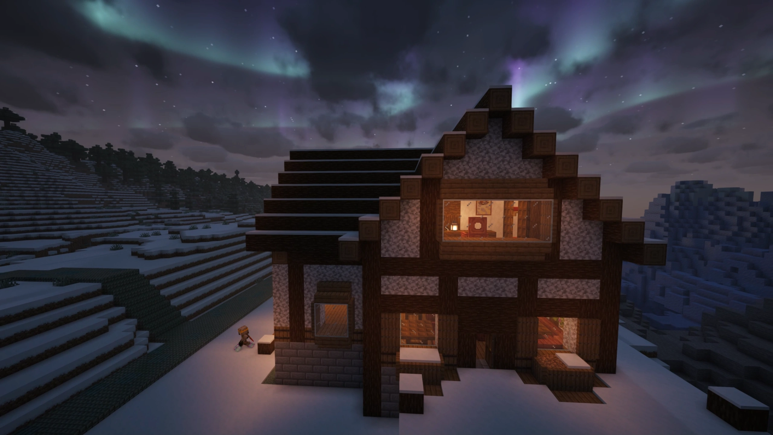A player dashing through the cozy winter lodge during snowball hide-and-seek