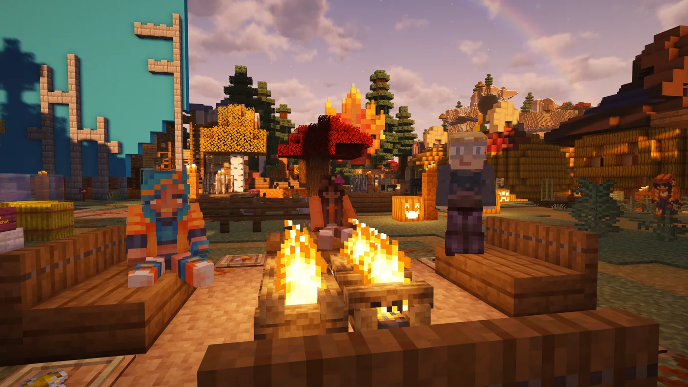 Second Haven players gathered around a glowing campfire with wooden benches and autumn trees