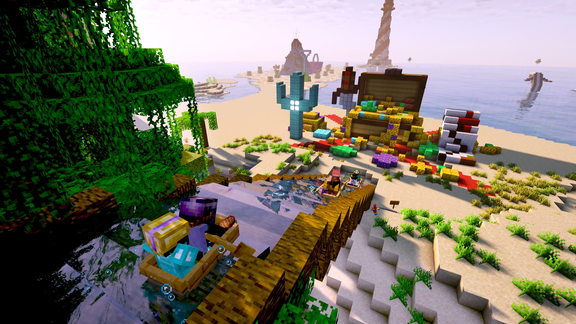 Second Haven players boating down a pirate ride toward a giant treasure chest in Minecraft