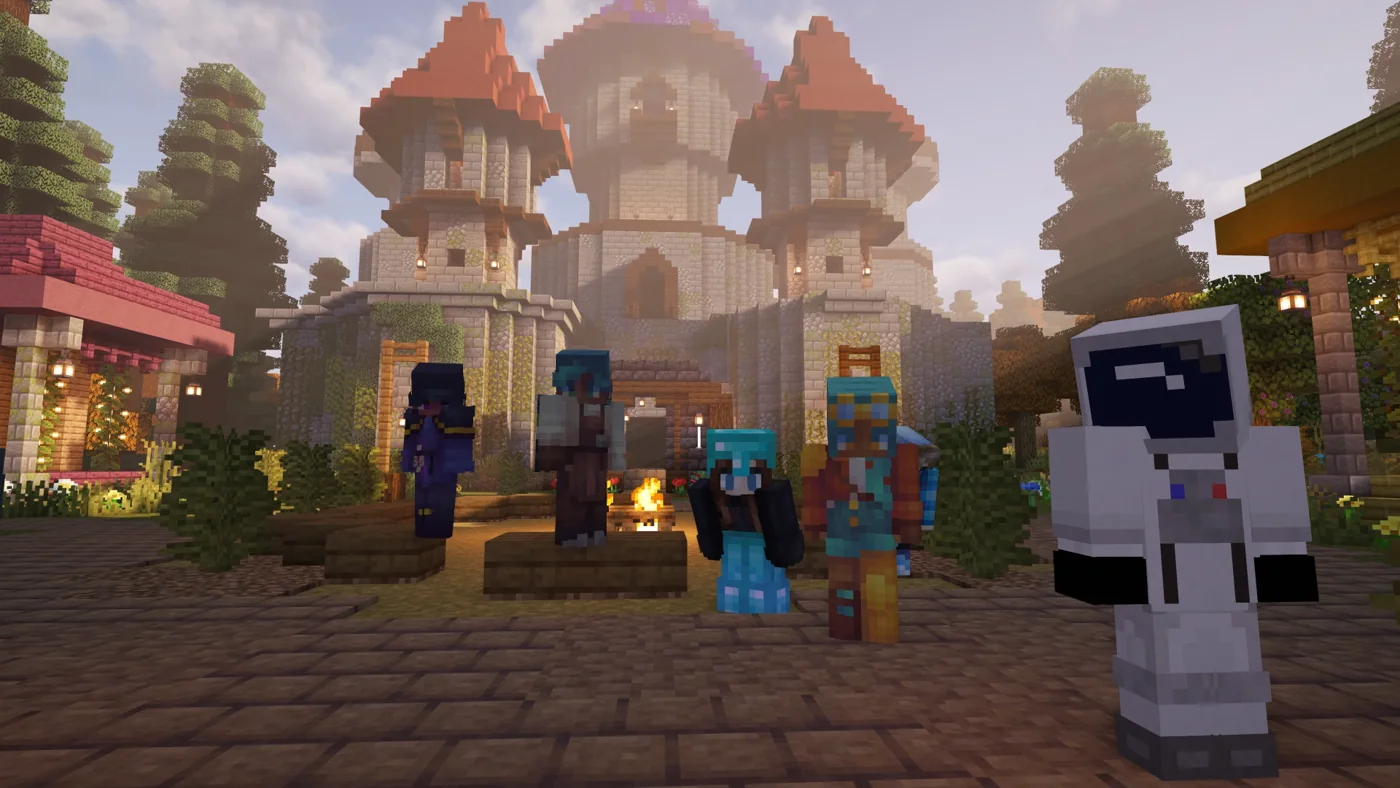 An adventuring party looking toward a castle in Second Haven