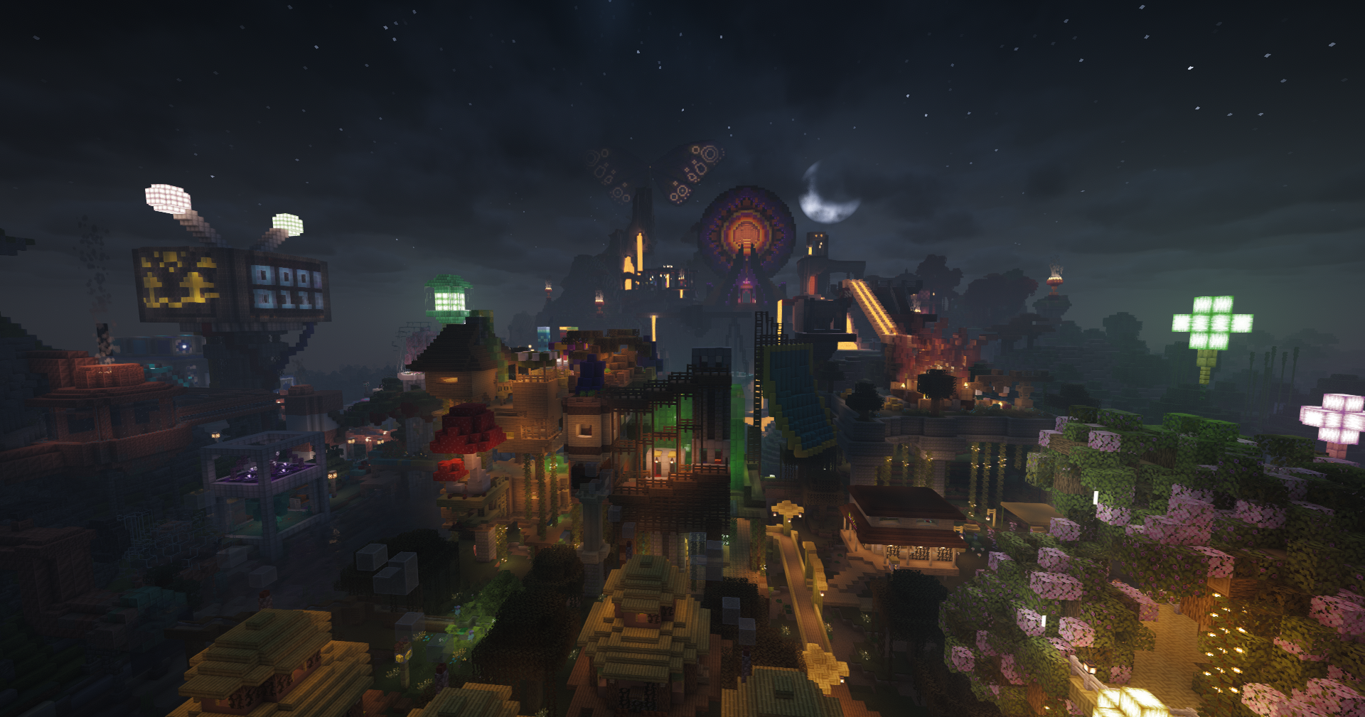 Rosetta City at night, with glowing towers, lantern-lit streets, and a crescent moon above the rooftops