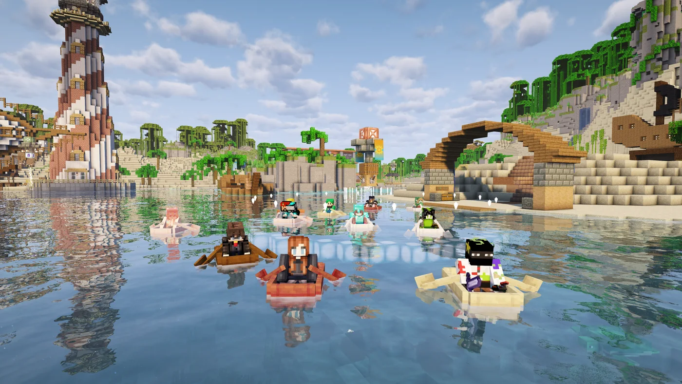 A group of Second Haven players lining up in colorful boats for a Summer Festival race