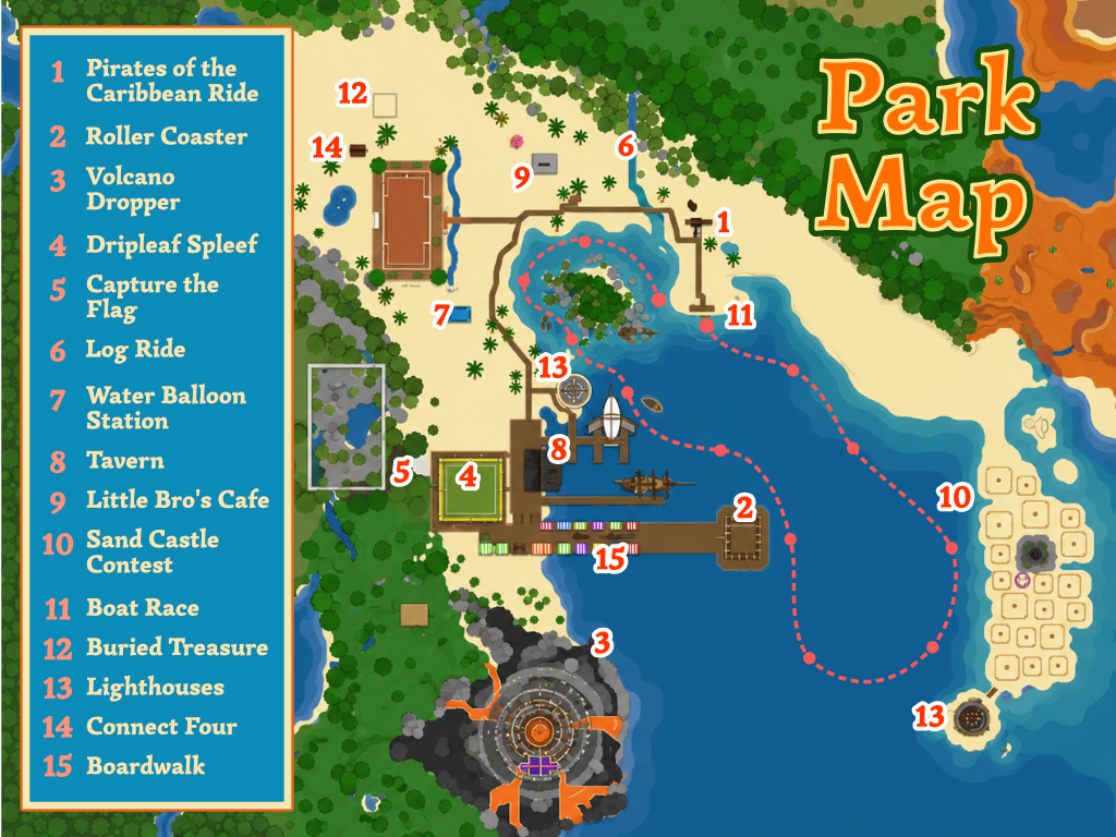 Summer Fest park map showing rides, games, the sandcastle contest, boat race, cafes, and boardwalk around the waterfront.