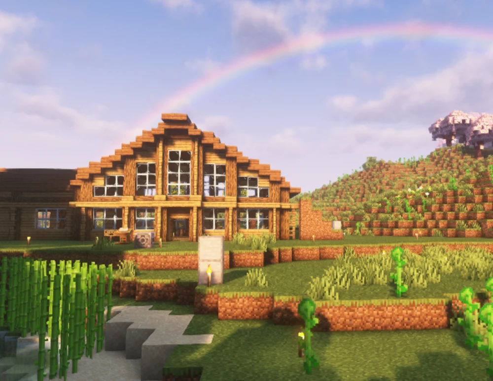 A welcoming wooden home surrounded by green grass beneath a rainbow in Second Haven