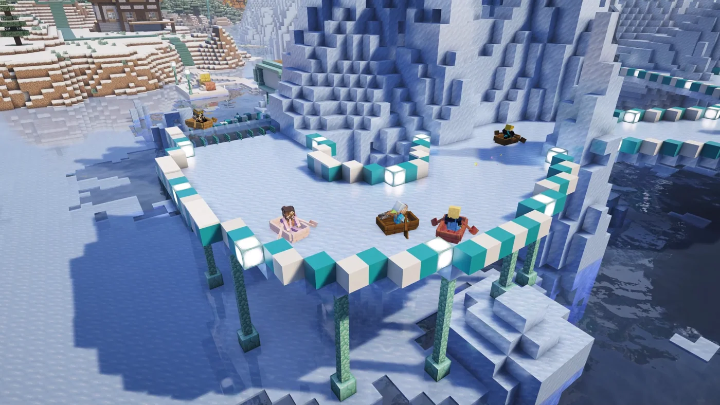 Players boating in a snowy, icy Second Haven landscape