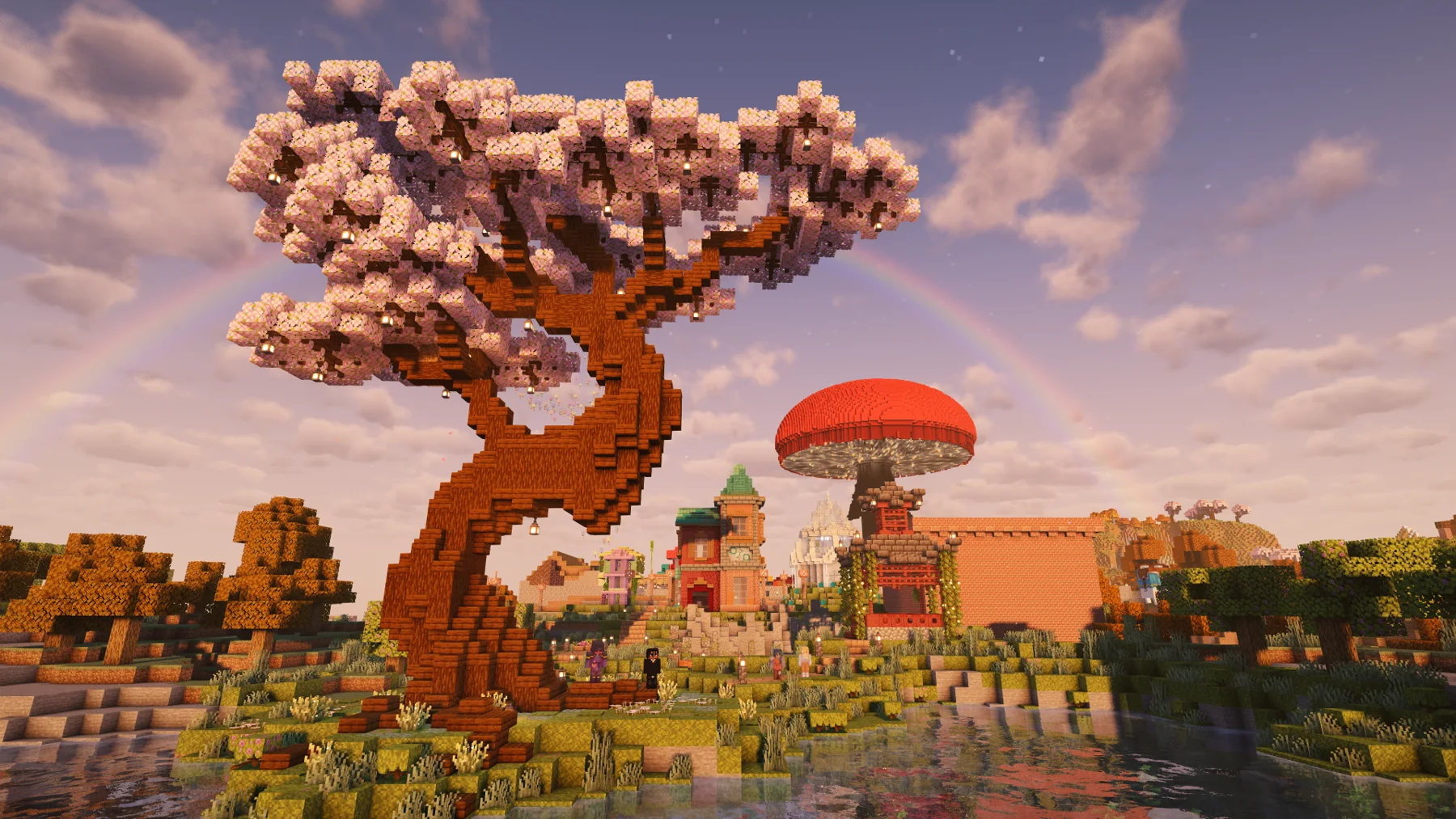 Second Haven's shared world, with a flowering tree and community builds